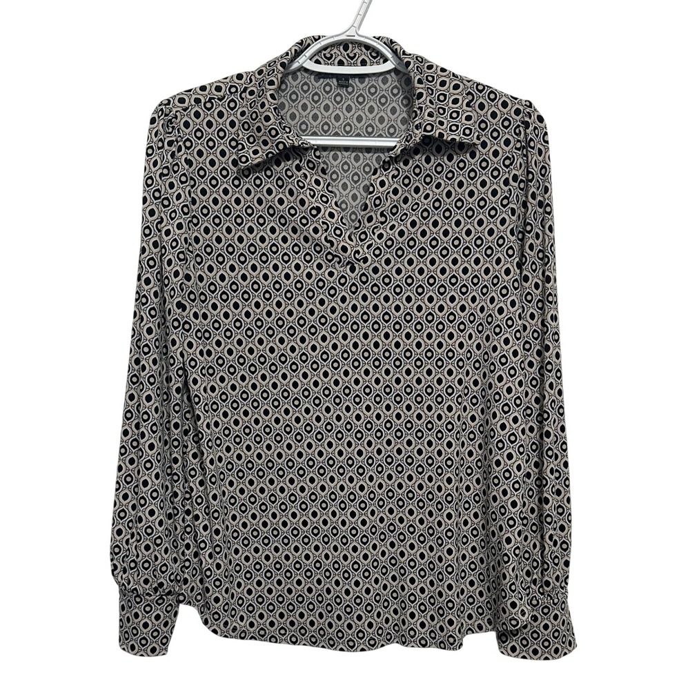 Adrianna Papell Blouse Womens Sm Black Beige Geometric Medallion V-Neck Top